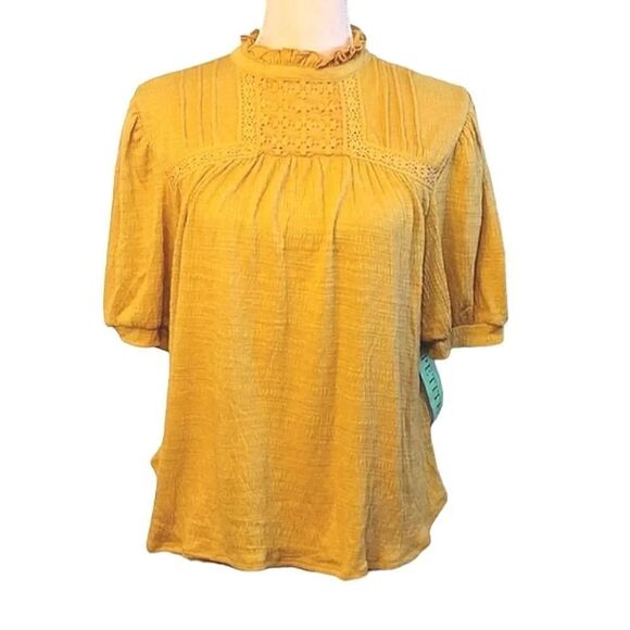 Cable & Gauge Mustard Yellow Textured Crochet Keyhole Blouse LP NWT - Picture 1 of 16